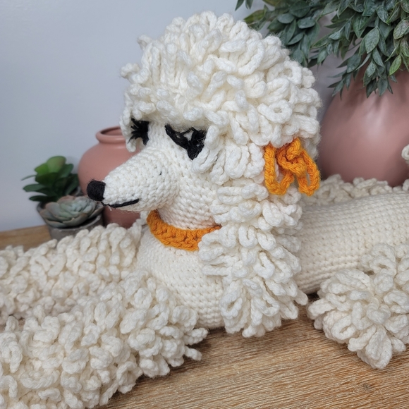 Hand made knit crochet stuffed poodle stuffed white poodle dog with bows. 20" - Picture 3 of 9